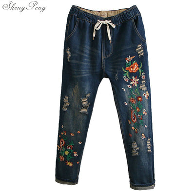 Women jeans 2021 Jeans with embroidery national clothes female embroidered jeans womens jeans denim 2021 denim Q658