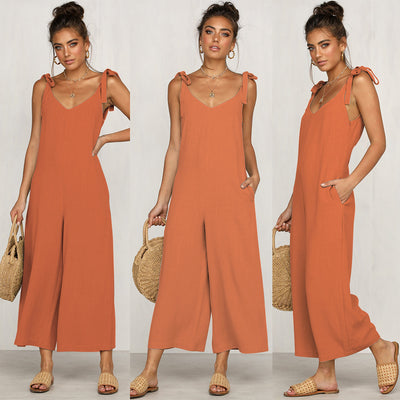 AHVIT Summer Casual Women Jumpsuits Sleeveless Loose Wide Leg Pants Romper Solid Color V Neck Bandage Romper SJ-CF1862