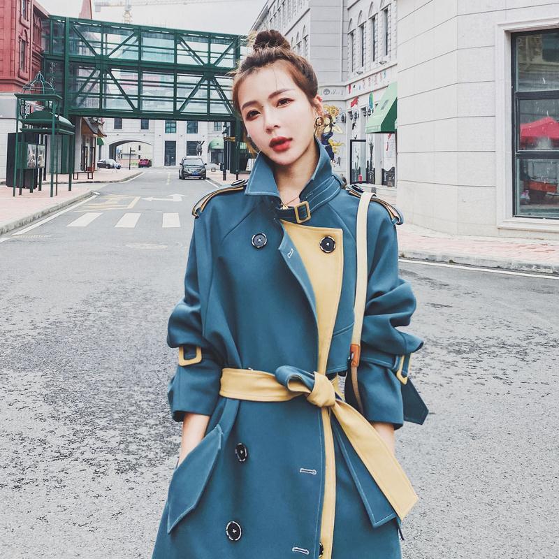 Blue Trench Women&#39;s Middle Long British Style 2021 Autumn Waist Over Knee Coat Double Breasted Lace Up Coat Women&#39;s Coat Fashion