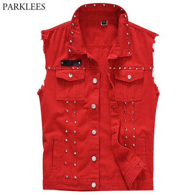 Red Double Pocket Denim Vest Men 2021 Fashion New Punk Rock Rivet Cowboy Jeans Waistcoat Motorcycle Style Sleeveless Jackets 2XL