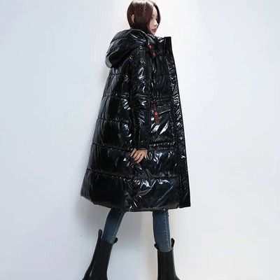 New women&#39;s Long Down Cotton Jacket Glossy No Wash Quilted Cotton Jacket Winter Warm Coat Windproof Casual Hooded Parka Overcoat
