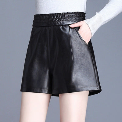 Autumn pu leather shorts high waist ladies casual shorts artificial leather A-line Bottoms Wide-legged Shorts Winter Women 5XL