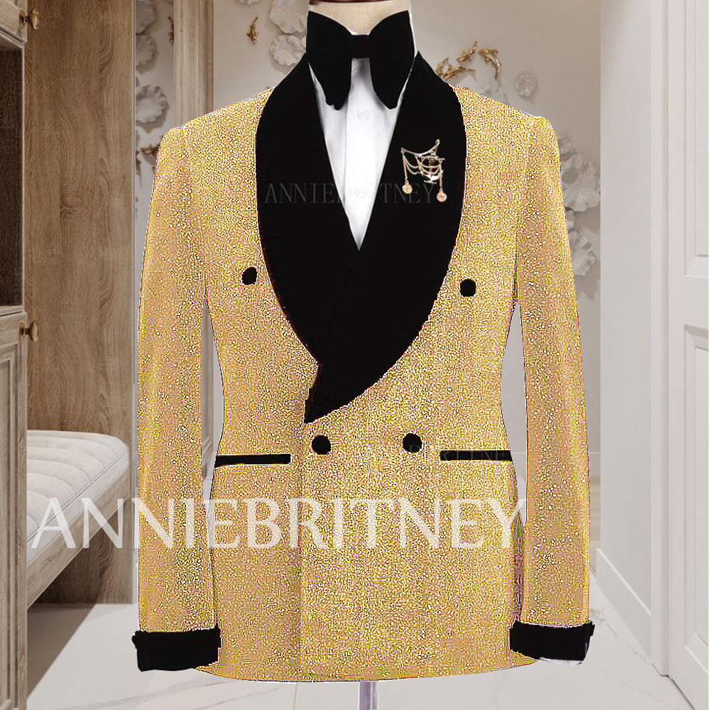 2022 Shiny Suits For Men Wedding Party Luxury Jacket Set 2 Piece Velvet Shawl Lapel Male Blazer Trouser Set Custom Made Groom