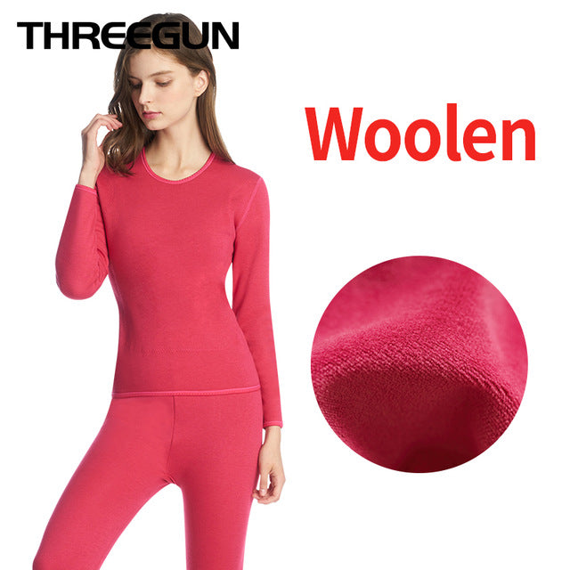 THREEGUN Womens Thermal Underwear Sets Wool Thick Plus Velvet Winter Warm Thermo Underwear Stretch Cloth New Hot Sale Long Johns