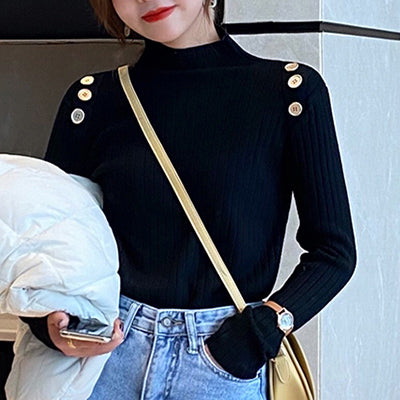 Pullover Knitted Women Sweater Winter 2021 Button Half High Collar Basic Slim Casual Ribbed Knitwear Top Autumn Woman Sweaters