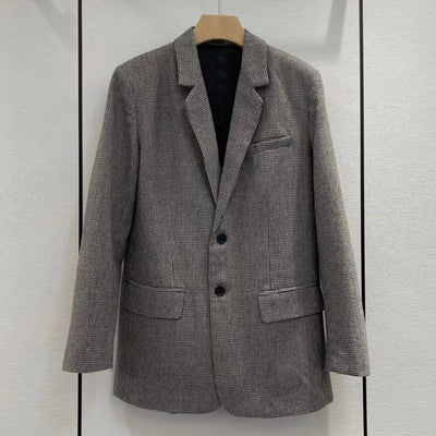 Fashion Houndstooth Wool Blazers For Women High Quality Notched Collar Elbows Patch Leather Woolen Suit Jacket Office Lady 2022