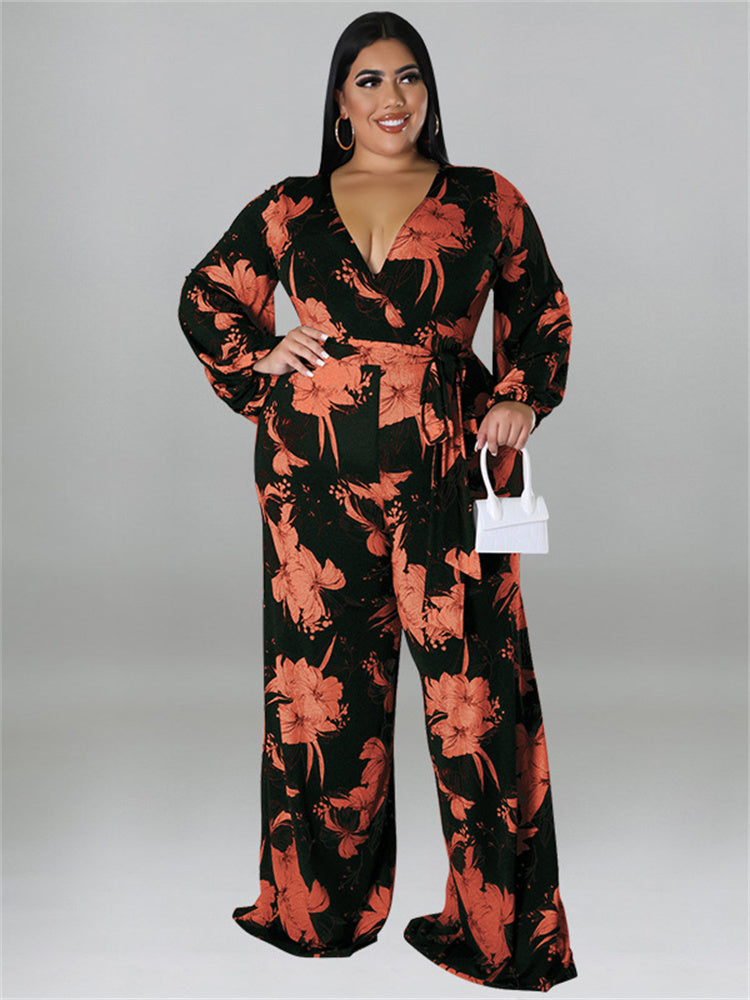 Wmstar Plus Size Jumpsuit Women with Bandage V Neck Flower Print Fall One Piece Outfit Wide Leg Bodysuit Wholesale Dropshipping