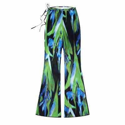 Women Fashion Pleated Printed Tulle Cropped Shirt Tops Suits High Waist Lace Up Pant Two Piece Set 2022 Office Lady Streetwear