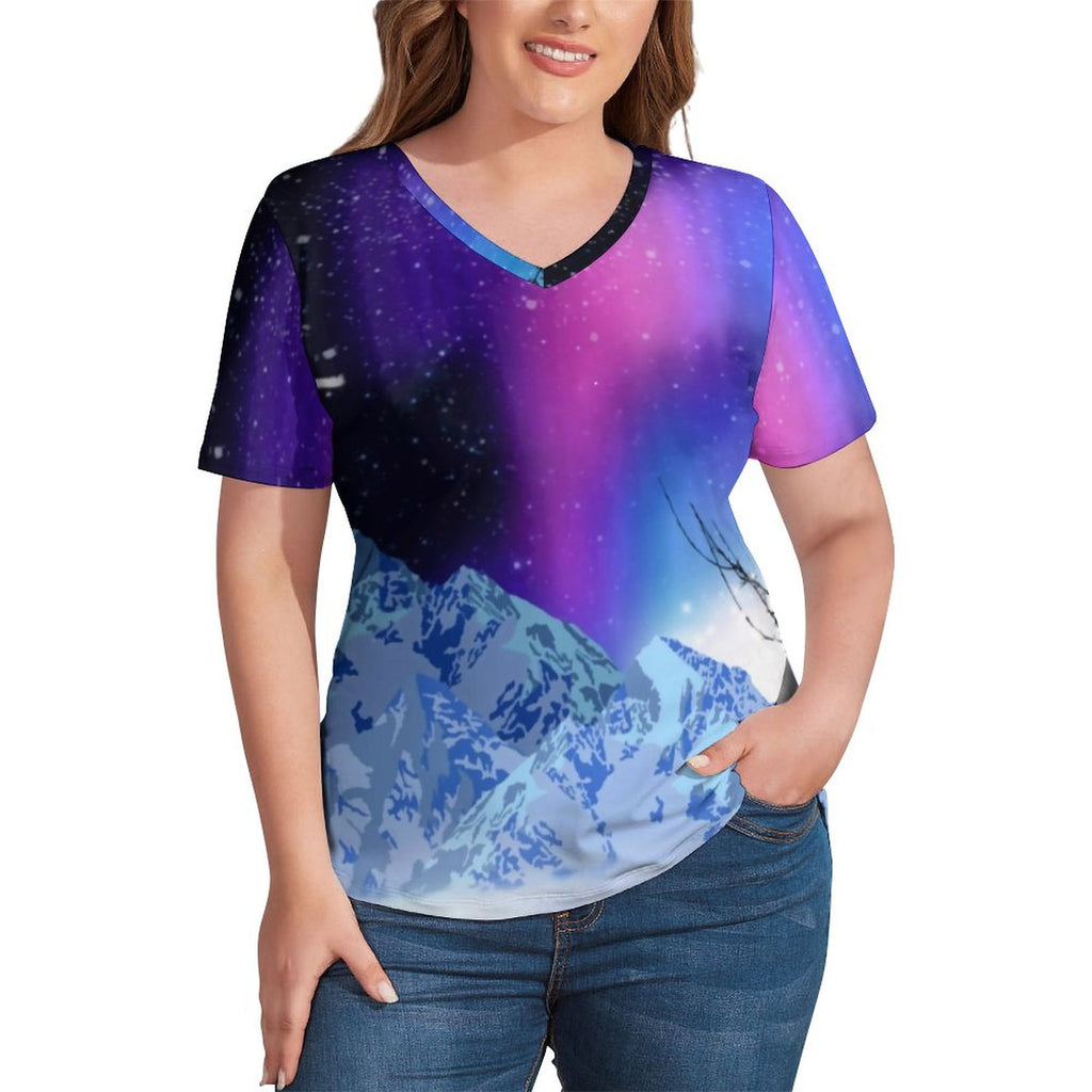 Mountains Print T-Shirts Abstract Galaxy Fashion V Neck T-Shirt Short-Sleeve Funny Plus Size Tee Shirt Summer Graphic Clothes