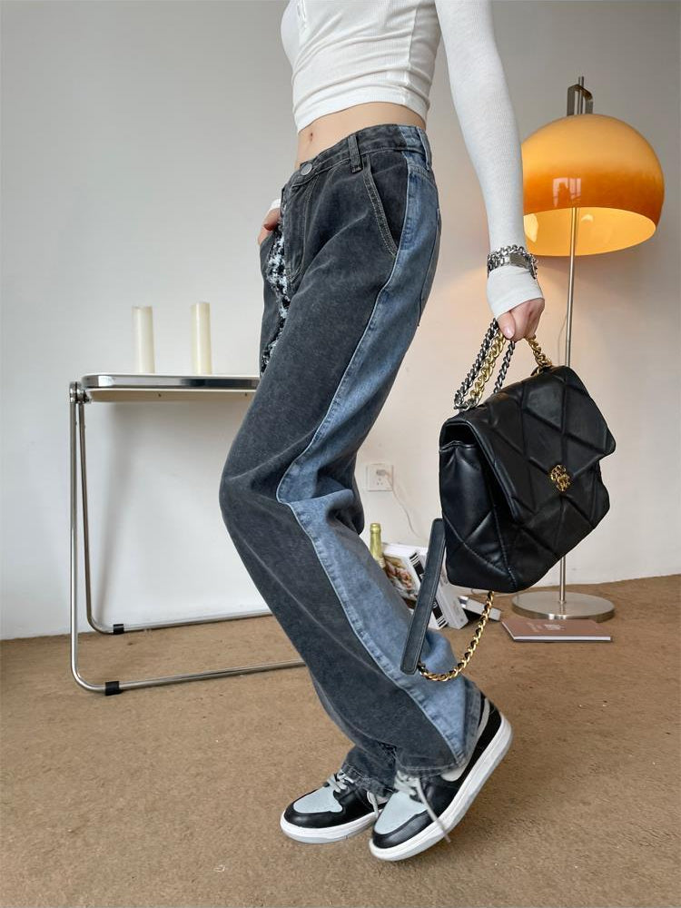 QWEEK Korean Fashion Jeans Women Harajuku Vintage Chic Patchwork Jacquard Denim Pants Oversized Retro Stylish Wide Leg Trousers