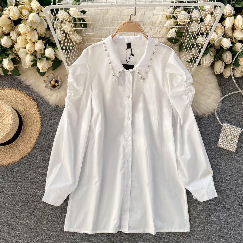Patchwork Diamond Pearl Set For Women Lapel Long Sleeve Shirt Short Denim Vest Chic Two Piece Sets Female Fashion