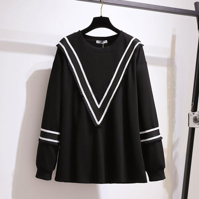 New Ladies Autumn Winter Plus Size Women Clothing Tops Large Long Sleeve Loose Black Stripe Cotton T-shirt 3XL 4XL 5XL 6XL 7XL