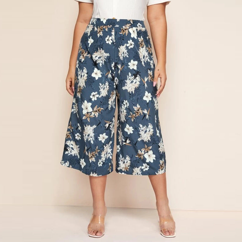 Spring and Summer New Small Floral Print High Waist Pants Fashion Casual Zipper Wide Leg Seven Points Trousers Plus Size Women