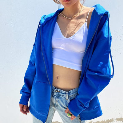 Autumn Winter Casual Oversized Hoodies Zip-up Long Sleeve Sweatshirt Women Jacket Coat Solid Color Female Harajuku Streetwear
