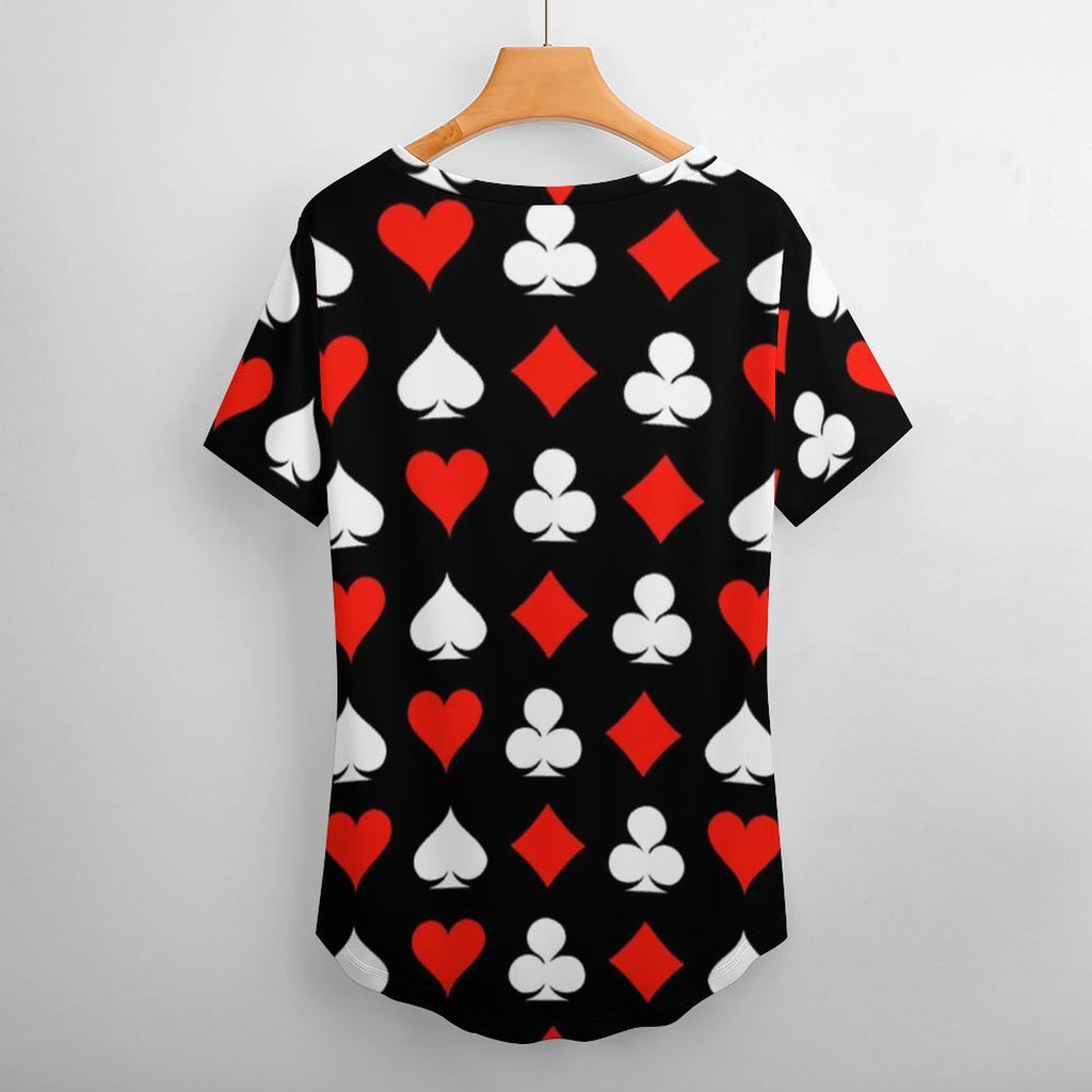 Red Heart Print T Shirts Poker Symbol Basic V Neck T-Shirt Short Sleeve Pretty Plus Size Tees Beach Pattern Tops Birthday Gift