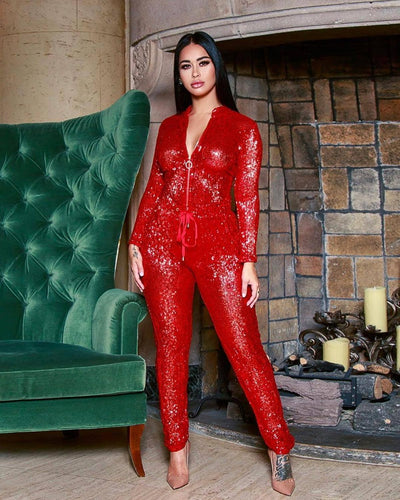 AHVIT Shinily Sequin Sexy Sashes Women Jumpsuits Stand Collar Long Sleeve Skinny Front Zipper Fashion Party Romper LM941