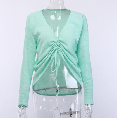 BKLD 2021 Autumn Winter Fashion Casual Female Knitted Jumper Sweaters Women's Sexy V-neck Long Sleeved Drawstring Pullovers Tops
