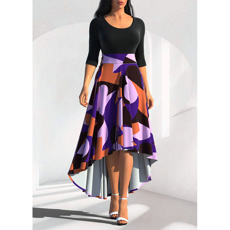 Geometric Printing Bandage A-line Skirt Autumn Round Neck Gradient Color Half Sleeve Irregular Dresses Elegant Plus Size Female