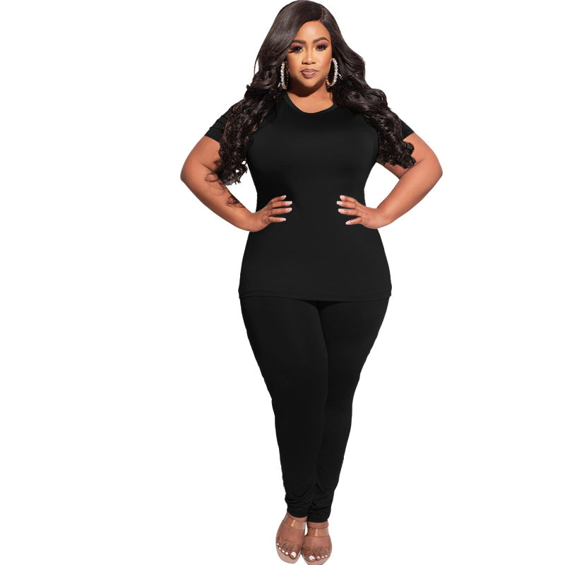 HLJ&amp;GG Plus Size Solid Color Tracksuits XL-5XL Women Round Neck Short Sleeve Tshirt + Jogger Pants Two Piece Casual 2pcs Outfits