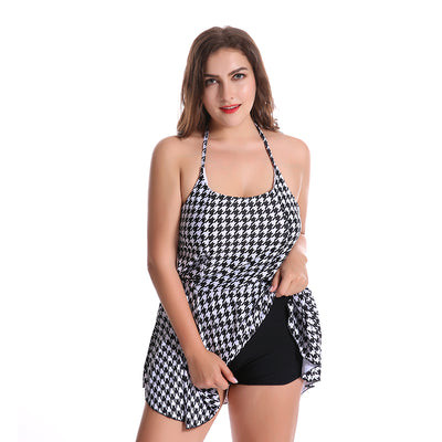 2017 Summer Plus Size One Pieces dress Swimwear Women Two Pieces Swimsuit Backless Halter Beachwear Houndstooth Bathing Suit