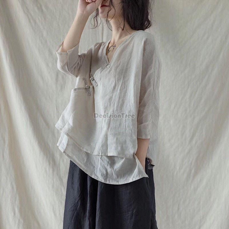 2022 summer new chinese style top arts style women vintage qipao button graceful cotton linen solid color blouse daily shirt pd