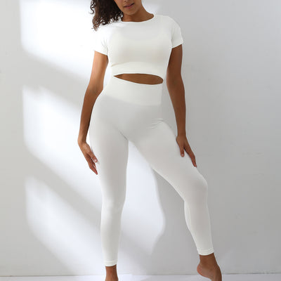 Stretchy Sportswear Yoga Set Women Seamless Fitness Suits Running Outfits High Waist Gym Workout Pants & Short Sleeve T-shirts