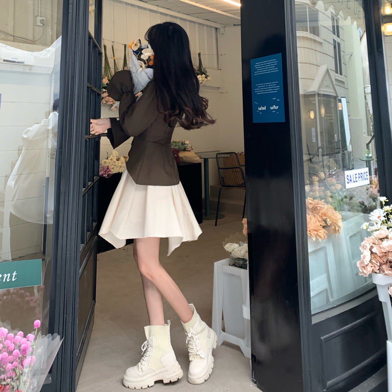 Hot Girl Style Waist Closing Thin Bubble Sleeve Suspender Skirt Lolita  Sleeve Dress Patchwork Korean Fashion Dress
