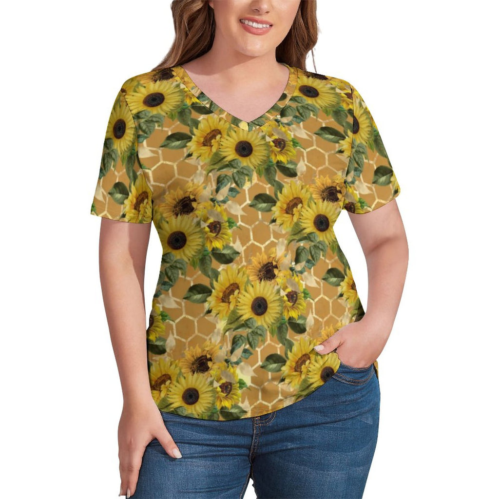 Sunflower Field T-Shirts Sunflower Field V Neck Trendy T Shirt Short-Sleeve Lady Pretty Tee Shirt Pattern Tees Plus Size 3XL 4XL