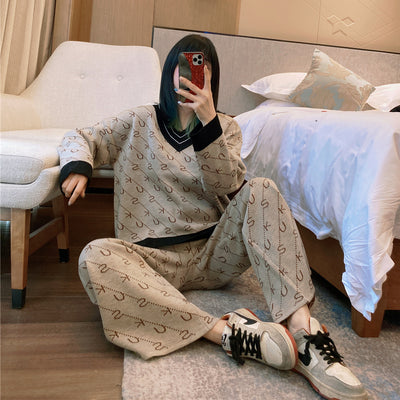 Autumn Winter Letter Jacquard Knitted 2 Piece Sets Women V Neck Pullover Sweater + Wide Leg Pant Tracksuits