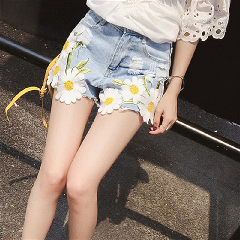 Korean loose small daisy embroidered casual Hole denim shorts high waist female summer style retro jeans hot shorts RM-206