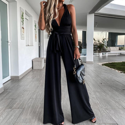 Elegant V Neck Bandage Cutout Sling Jumpsuit Summer Sexy Backless Sleeveless Jumpsuit Casual Loose Wide Leg Bodysuit Lace Up