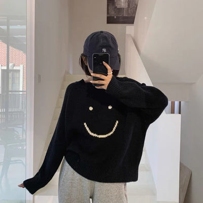 MOARCHO Casual Smile Sweater Female Long Sleeve White Black Pullover Oversize Basic Roomcloth Office Lady 2021 Winter