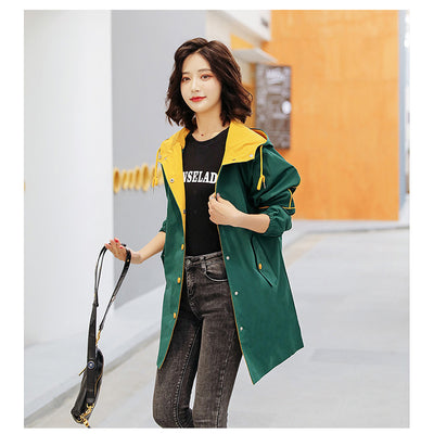 Windbreaker mid-length women's spring autumn new Fashion contrast tide letter printing loose casual hooded trench coat D339
