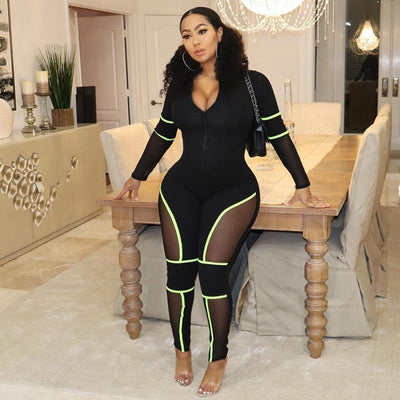 AHVIT New Style Patchwork Mesh See Through Sexy Women Jumpsuits Long Sleeve Skinny Party Romper YD-Y8120
