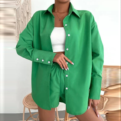 New Elegant Lapel Single-breasted Cardigan Two Piece Set Women Fashion Long Sleeve Shirt Suit Spring Casual Shorts Two Piece Set