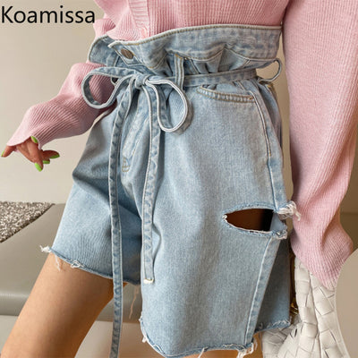 Koamissa Women Summer Hole Jeans Short Casual Loose Korean Chic Retro All-match High-waisted Denim Shorts Thin Denim Shorts