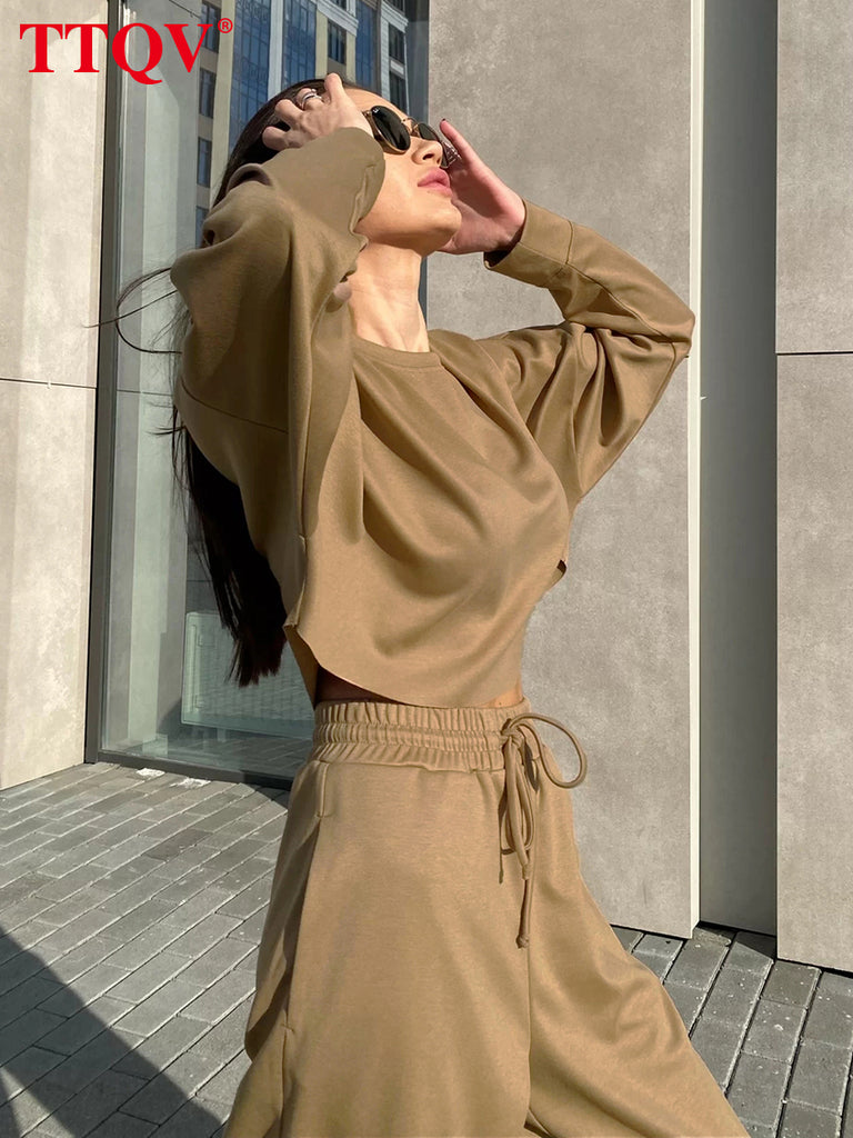 TTQV Fashion Brown Loose Two Piece Sets Womens Outifits Autumn O-neck Full Sleeve Crop Tops And High Waisted Wide Leg Pants Sets