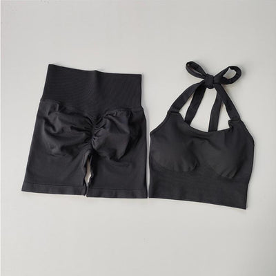 Women's yoga two-piece set, neck hanging sports underwear,  bra, fitness running yoga set, seamless sports shorts
