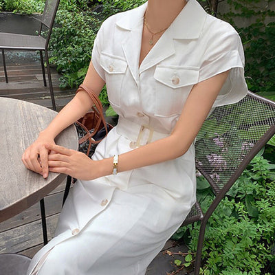 Solid White Notched Collar Dresses for Women Office Lady Korean Elegant Belt Short Sleeve Woman Dress Midi Vestido Feminino