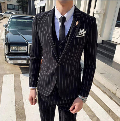 Mens Casual Business Stripe 1 Button 3-Piece Suit Blazer Jacket Wedding Tux Vest Trousers