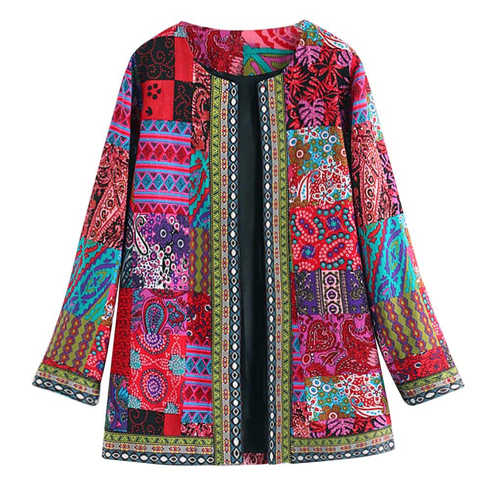Women Autumn Winter Ethnic Floral Print Long Sleeve Loose Jacket Coat Cardigan