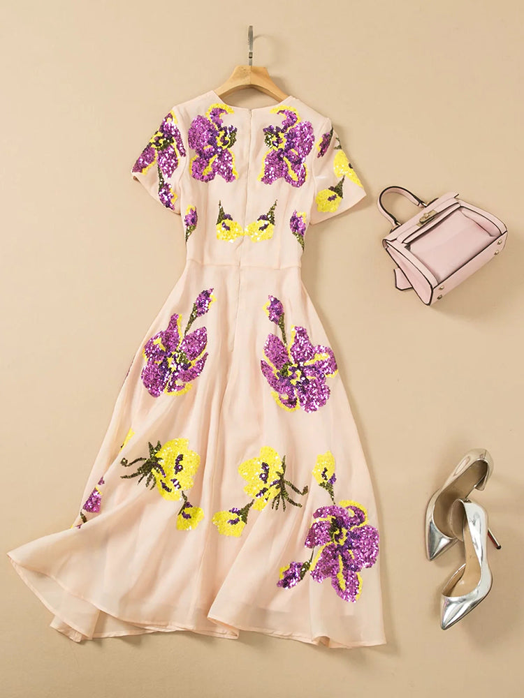 Delocah High Quality Spring Women Fashion Designer Party Midi Dress Short Sleeve Gorgeous Sequined Print Elegant Mesh Dresses