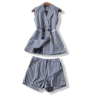 Free Shipping New Spring Summer Women&#39;s Fashion Striped Sleeveless Suits + Pockets Shorts 2 Pieces Sets Conjunto Feminino