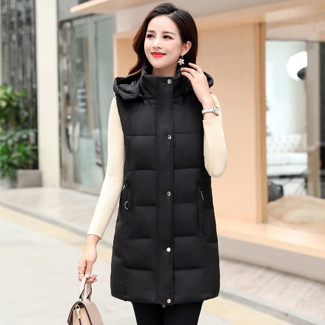 New Women Autumn And Winter Thickened Long Vest Filling Cotton Solid Color Sleeveless Jacket