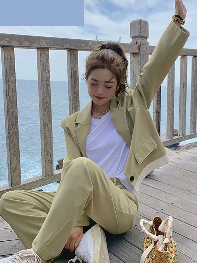 Lnsozkdg Elegant Korean Blazer+Pants Suits 2 Piece Set Women Long Sleeve Short Jacket Coat Wide Leg Trousers 2022 Spring Autumn
