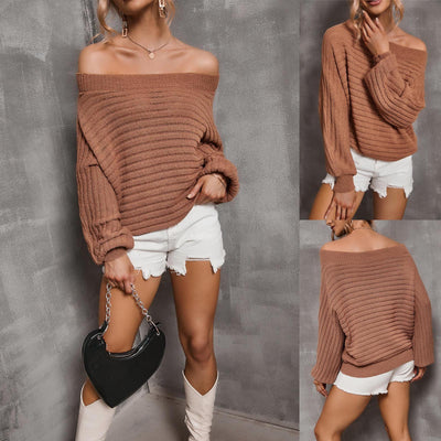 Women&#39;S Casual Long-Sleeved Knitted Sweater Solid Color Loose Pullover Top