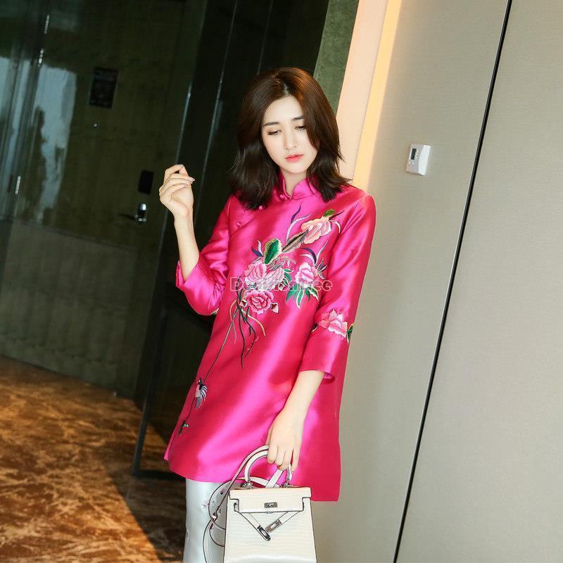 2022 Chinese style tang suit top women Satin top ethnic style blouse women  traditional embroidered qipao top pink blouse a13
