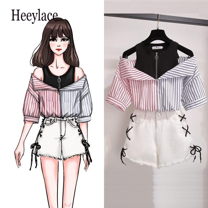 2 Pieces Shorts Sets Summer Sweet Korean Off Shoulder Tops And Shorts 2 Pieces Sets Women Clothing Two Pieces Outfits Plus Size