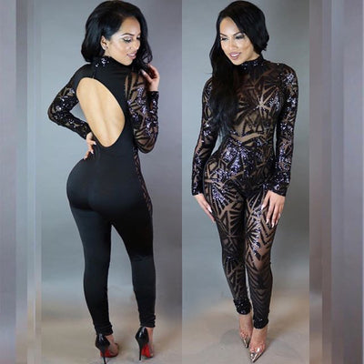 AHVIT Sexy Back Hollow Out Sequinted Women Jumpsuits Long Sleeve Round Collar Skinny Nightclub Romper YDN252