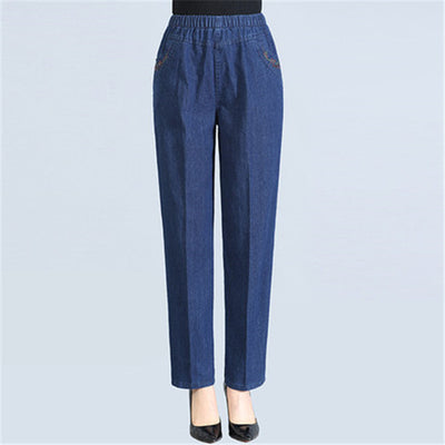 Casual Pant Women Spring Elastic High Waist Jeans Elasticity Straight Trousers Middle Aged Female Loose Denim Pants 83